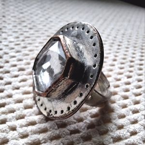 L Adjustable Vintage 90s Square Crystal Silver Plated Round Statement Ring